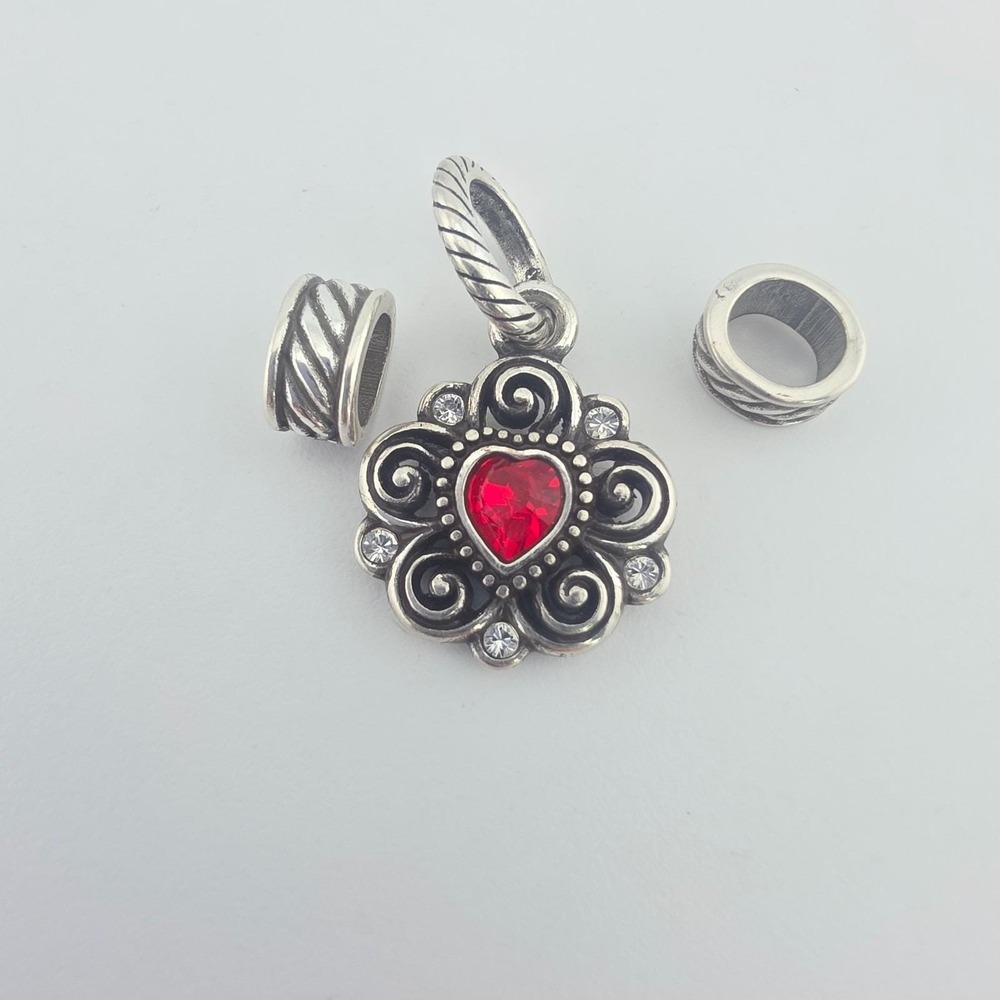 BRIGHTON Ruby Red Crystal Heart Charm Birthstone 2 Rope Spacers Silver Plate